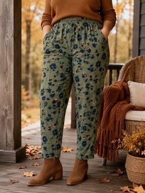 Jessica Simpson XL Olive Green Floral Pull-On Pants Pockets Boho Fall Casual